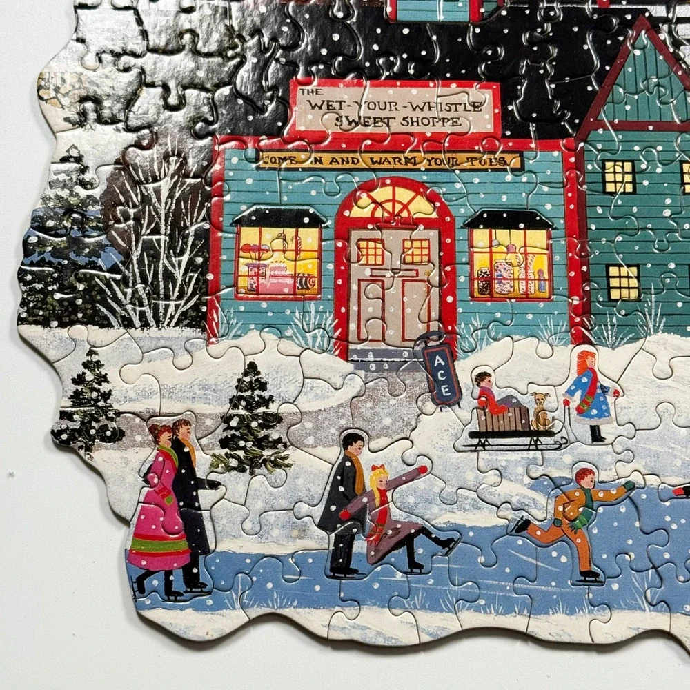Ceaco 530 Piece Silhouette Corkboard Jigsaw Puzzle Winter Village Ice‎ Skaters